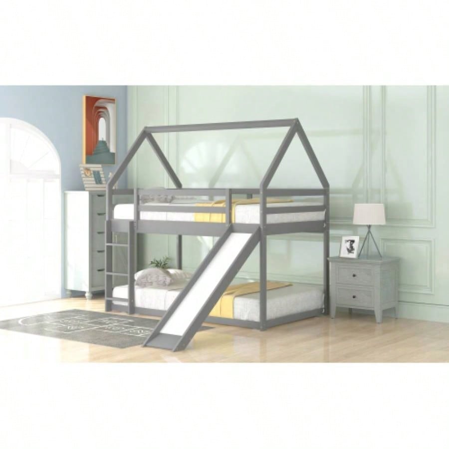 Twin Size Bunk House Bed with Slide and Ladder, Gray
