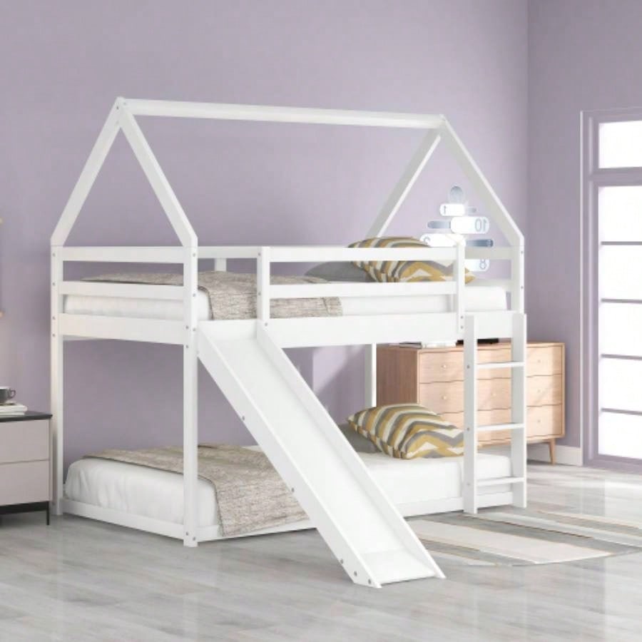 Twin Size Bunk House Bed with Slide and Ladder, Gray