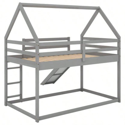 Twin Size Bunk House Bed with Slide and Ladder, Gray