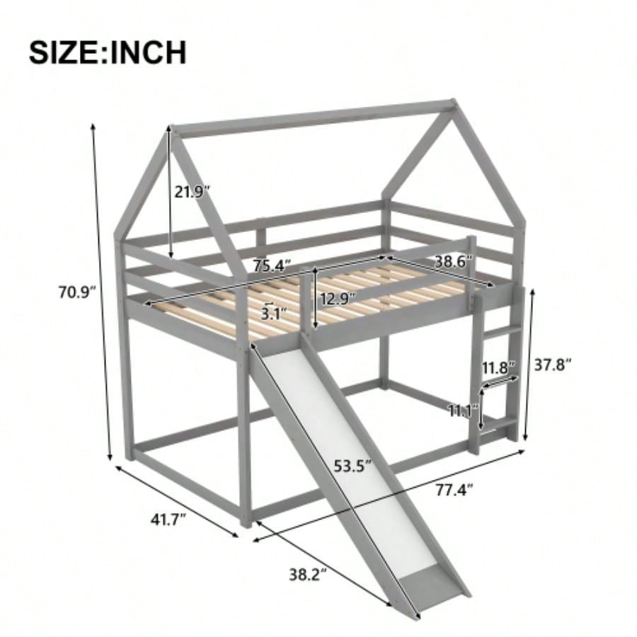 Twin Size Bunk House Bed with Slide and Ladder, Gray