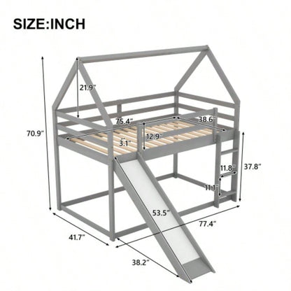 Twin Size Bunk House Bed with Slide and Ladder, Gray