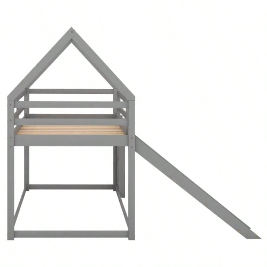 Twin Size Bunk House Bed with Slide and Ladder, Gray