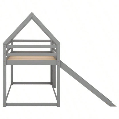 Twin Size Bunk House Bed with Slide and Ladder, Gray
