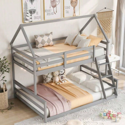 Twin Size Bunk House Bed with Slide and Ladder, Gray