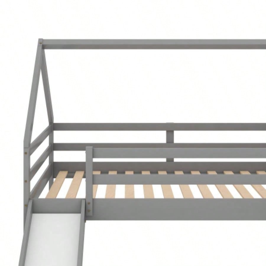 Twin Size Bunk House Bed with Slide and Ladder, Gray