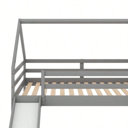 Twin Size Bunk House Bed with Slide and Ladder, Gray