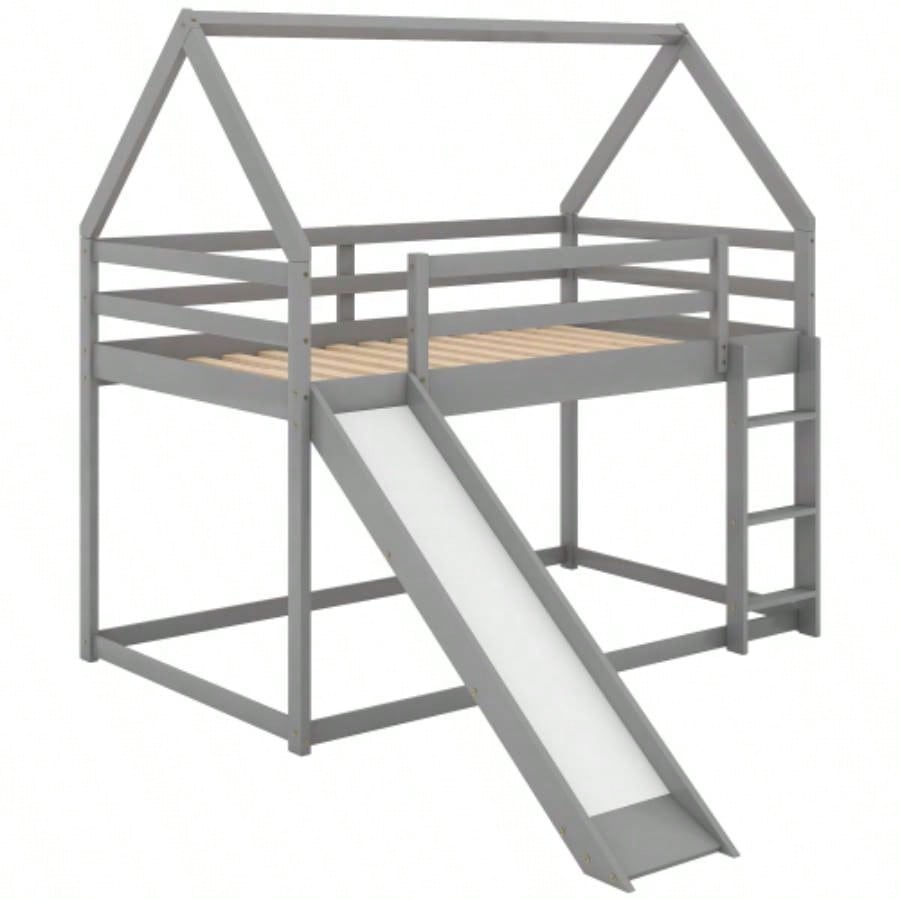 Twin Size Bunk House Bed with Slide and Ladder, Gray