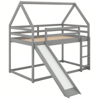 Twin Size Bunk House Bed with Slide and Ladder, Gray