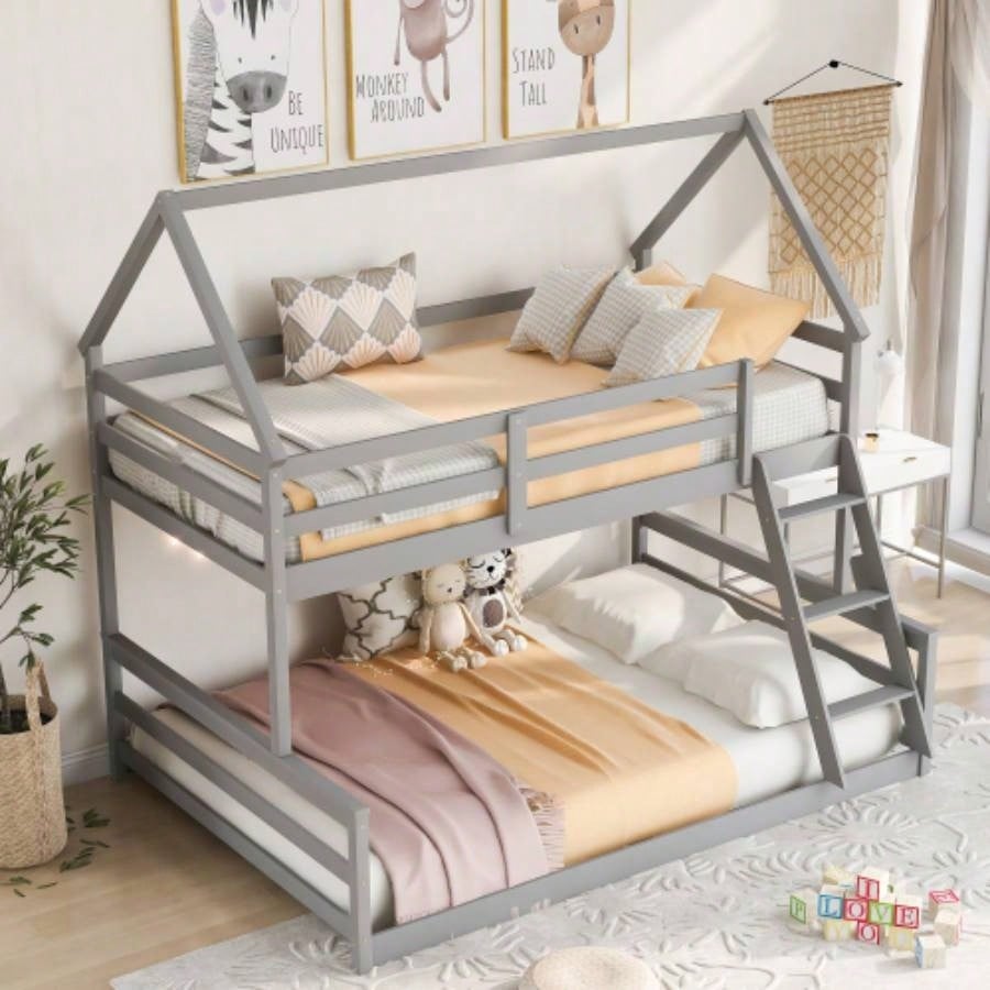 Twin Size Bunk House Bed with Slide and Ladder, Gray