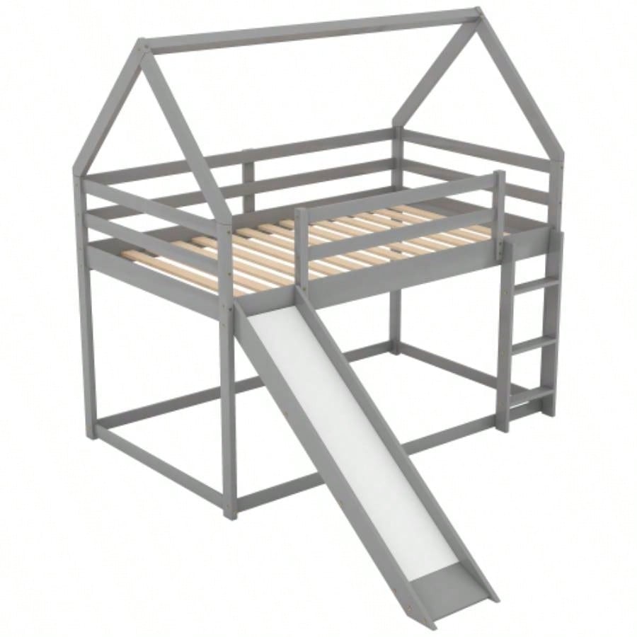 Twin Size Bunk House Bed with Slide and Ladder, Gray