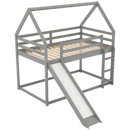 Twin Size Bunk House Bed with Slide and Ladder, Gray