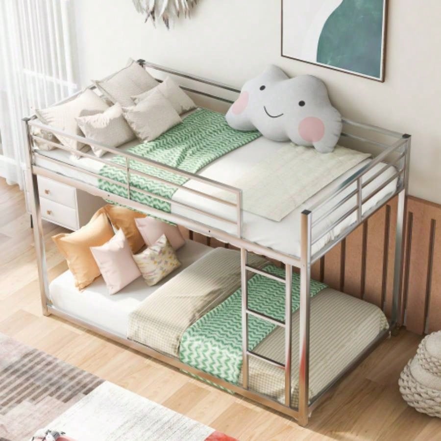 Twin over Twin Metal Bunk Bed, Low Bunk Bed with Ladder, SilverOLD SKU: WF282465AAN