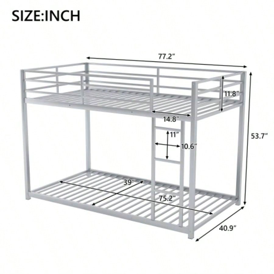 Twin over Twin Metal Bunk Bed, Low Bunk Bed with Ladder, SilverOLD SKU: WF282465AAN
