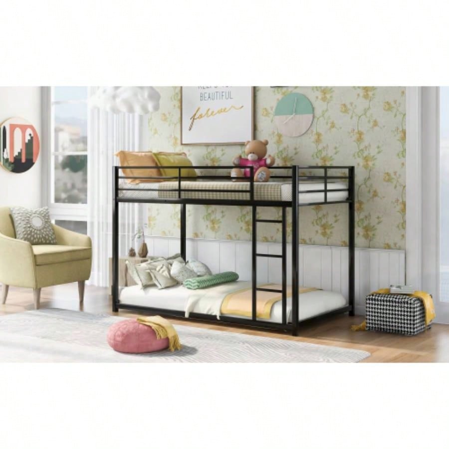 Twin over Twin Metal Bunk Bed, Low Bunk Bed with Ladder, BlackOLD SKU: WF282465AAB