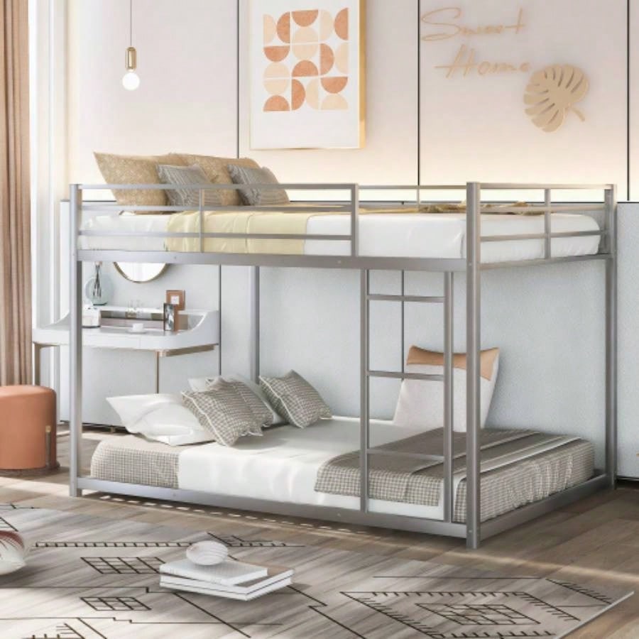 Twin over Twin Metal Bunk Bed, Low Bunk Bed with Ladder, SilverOLD SKU: WF282465AAN