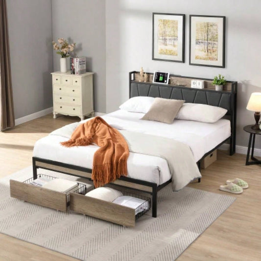 Size Metal Platform Bed Frame with upholstery storage function Headboard and USB LINER and Footboard with drawers, No Box Spring Needed, Large Under Bed Storage, Easy Assemble