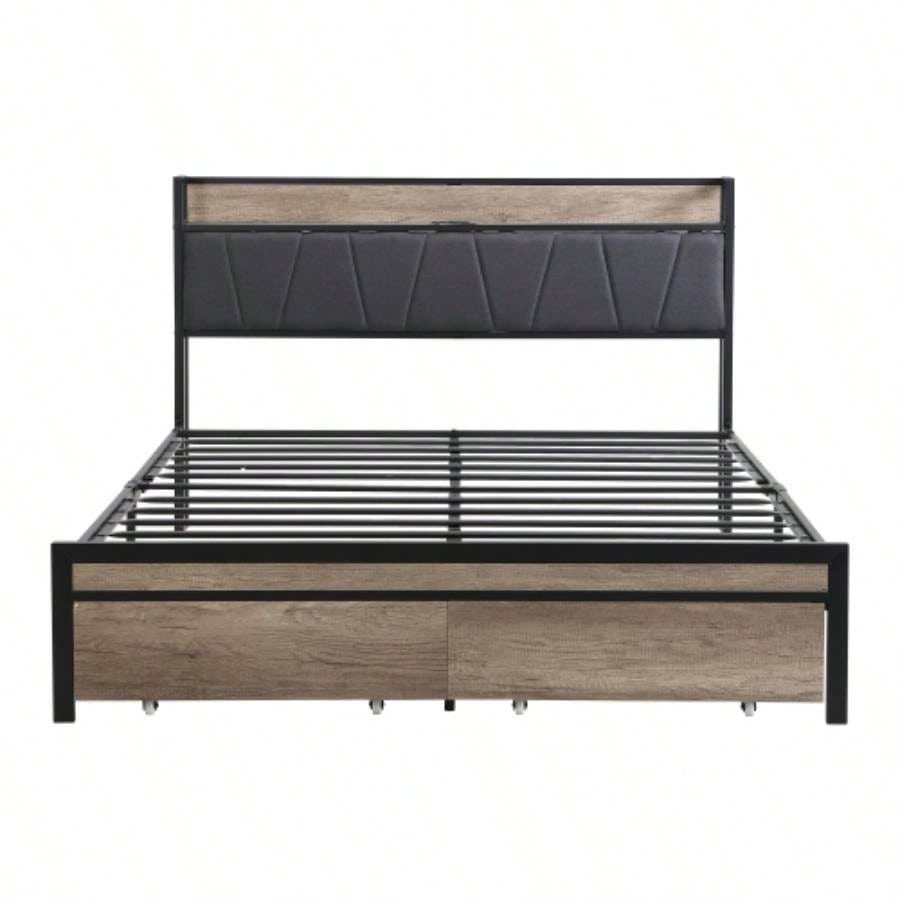 Size Metal Platform Bed Frame with upholstery storage function Headboard and USB LINER and Footboard with drawers, No Box Spring Needed, Large Under Bed Storage, Easy Assemble