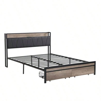 Size Metal Platform Bed Frame with upholstery storage function Headboard and USB LINER and Footboard with drawers, No Box Spring Needed, Large Under Bed Storage, Easy Assemble