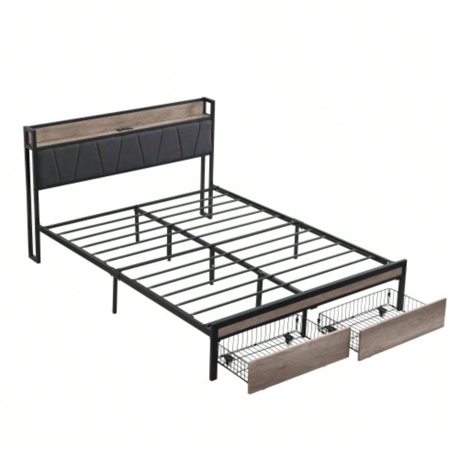 Size Metal Platform Bed Frame with upholstery storage function Headboard and USB LINER and Footboard with drawers, No Box Spring Needed, Large Under Bed Storage, Easy Assemble
