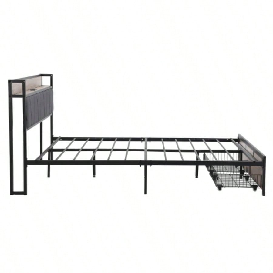 Size Metal Platform Bed Frame with upholstery storage function Headboard and USB LINER and Footboard with drawers, No Box Spring Needed, Large Under Bed Storage, Easy Assemble
