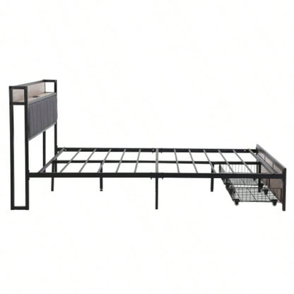 Size Metal Platform Bed Frame with upholstery storage function Headboard and USB LINER and Footboard with drawers, No Box Spring Needed, Large Under Bed Storage, Easy Assemble