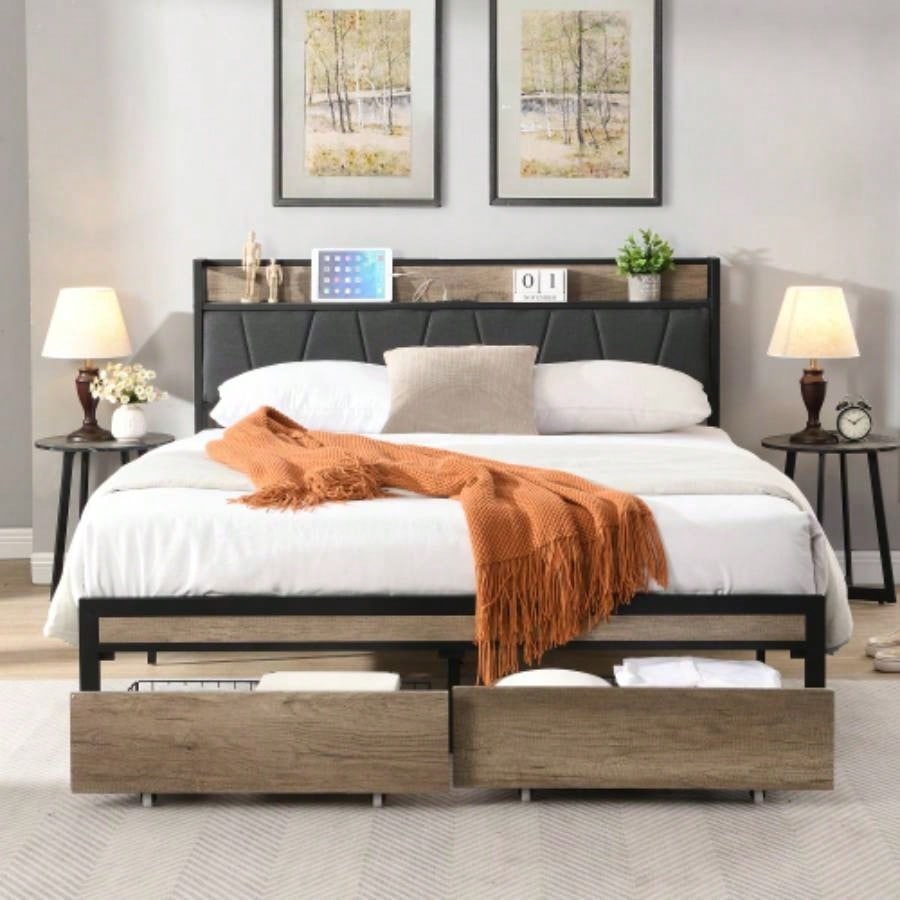 Size Metal Platform Bed Frame with upholstery storage function Headboard and USB LINER and Footboard with drawers, No Box Spring Needed, Large Under Bed Storage, Easy Assemble