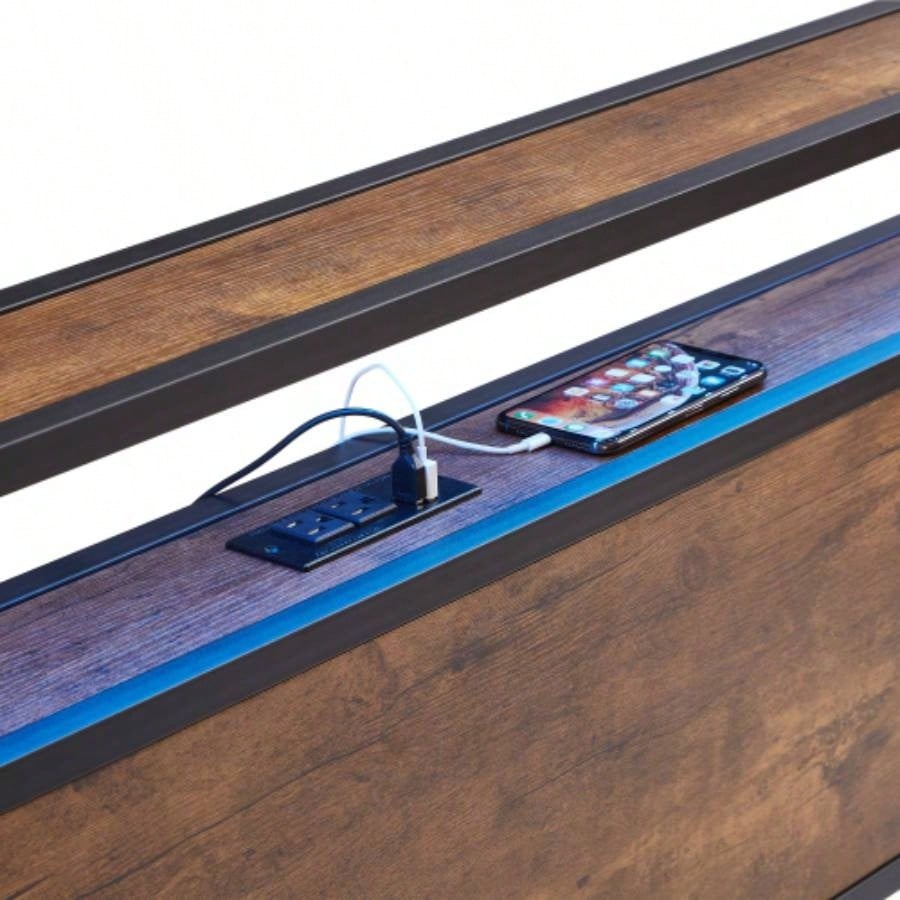 Full Size Metal Platform Bed Frame with Wooden Headboard and Footboard with USB LINER, LED Lights, No Box Spring Needed, Large Under Bed Storage, Easy Assemble