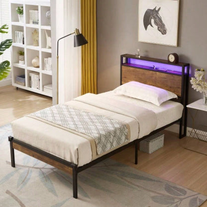 Full Size Metal Platform Bed Frame with Wooden Headboard and Footboard with USB LINER, LED Lights, No Box Spring Needed, Large Under Bed Storage, Easy Assemble