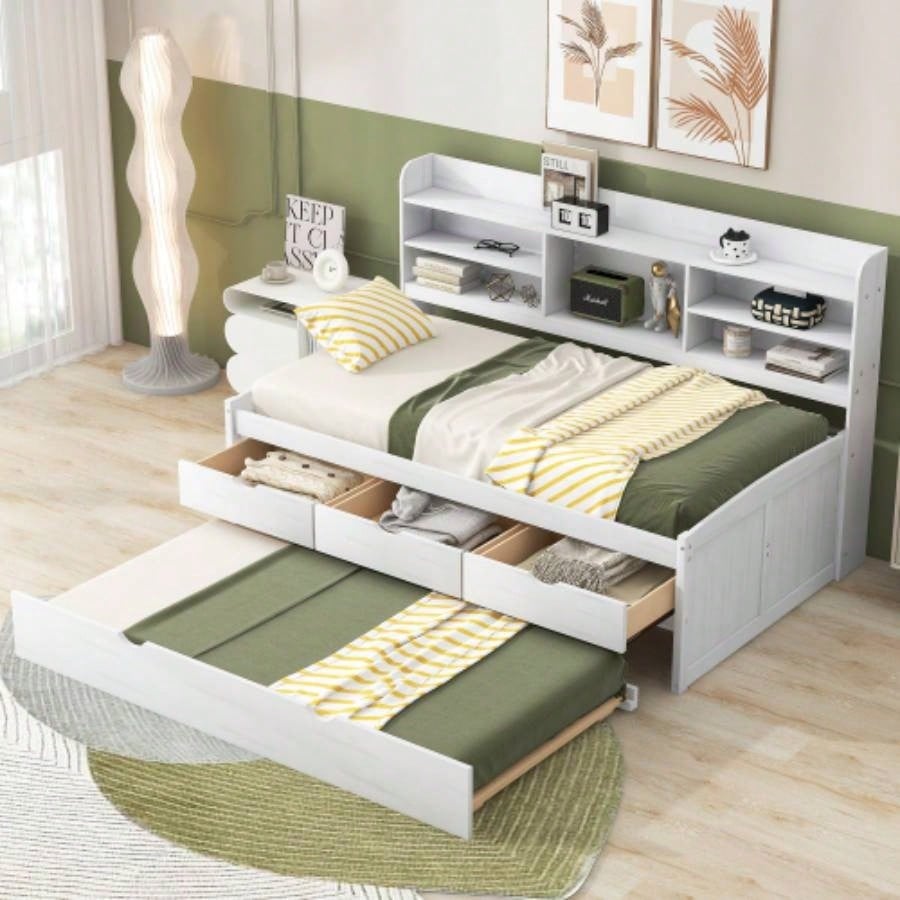 Full Size Wooden Captain Bed with Built - in Bookshelves, Three Storage Drawers and Trundle, Antique Brown