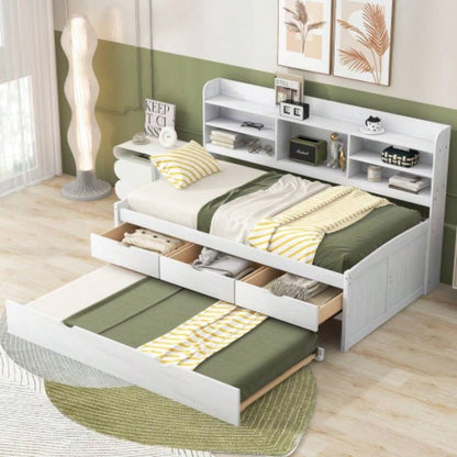 Full Size Wooden Captain Bed with Built - in Bookshelves, Three Storage Drawers and Trundle, Antique Brown