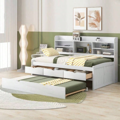 Twin Size Wooden Captain Bed with Built - in Bookshelves, Three Storage Drawers and Trundle, White Wash