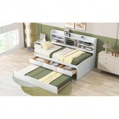 Twin Size Wooden Captain Bed with Built - in Bookshelves, Three Storage Drawers and Trundle, White Wash