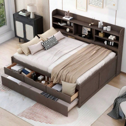 Full Size Wooden Captain Bed with Built - in Bookshelves, Three Storage Drawers and Trundle, Antique Brown