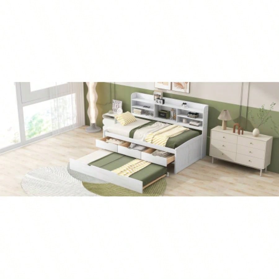 Twin Size Wooden Captain Bed with Built - in Bookshelves, Three Storage Drawers and Trundle, White Wash