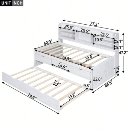 Twin Size Wooden Captain Bed with Built - in Bookshelves, Three Storage Drawers and Trundle, White Wash