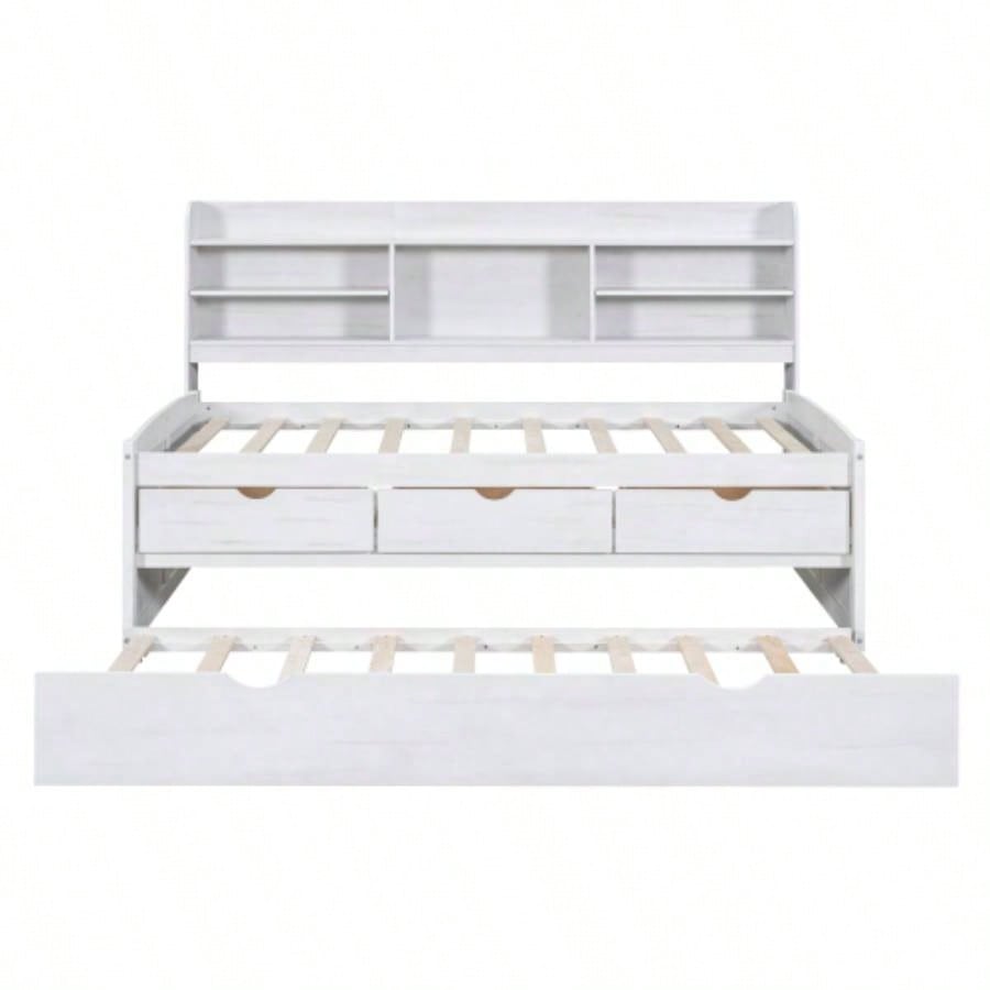 Twin Size Wooden Captain Bed with Built - in Bookshelves, Three Storage Drawers and Trundle, White Wash