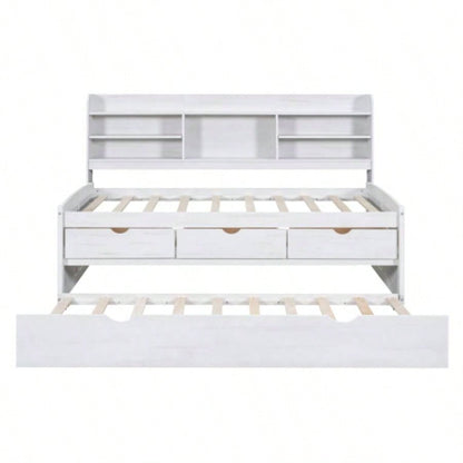 Twin Size Wooden Captain Bed with Built - in Bookshelves, Three Storage Drawers and Trundle, White Wash