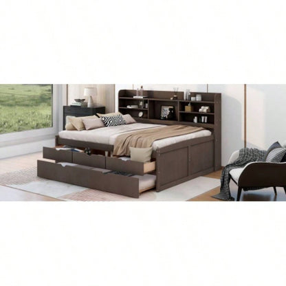 Full Size Wooden Captain Bed with Built - in Bookshelves, Three Storage Drawers and Trundle, Antique Brown