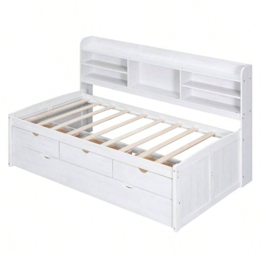Twin Size Wooden Captain Bed with Built - in Bookshelves, Three Storage Drawers and Trundle, White Wash