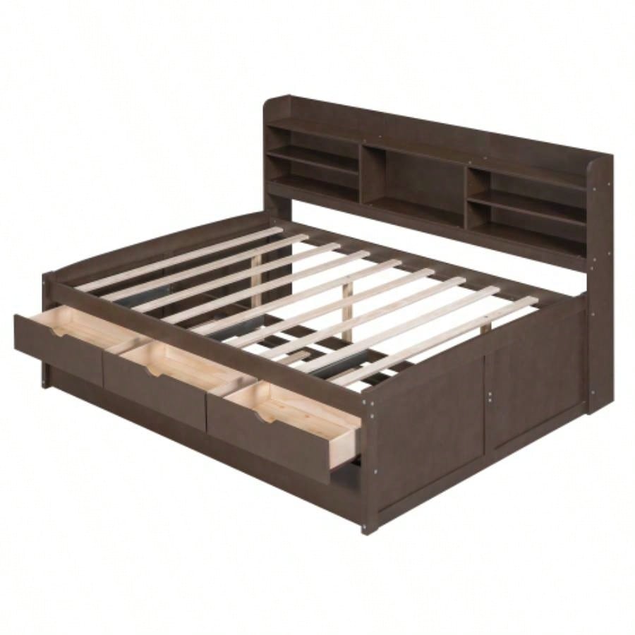 Full Size Wooden Captain Bed with Built - in Bookshelves, Three Storage Drawers and Trundle, Antique Brown