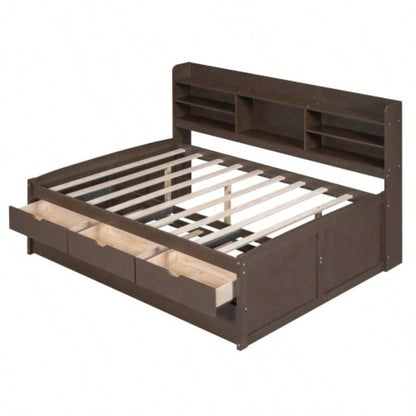 Full Size Wooden Captain Bed with Built - in Bookshelves, Three Storage Drawers and Trundle, Antique Brown