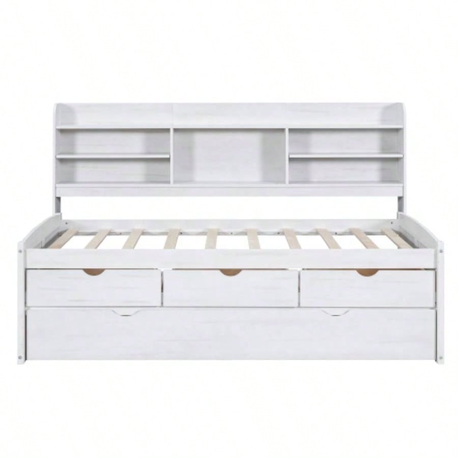 Twin Size Wooden Captain Bed with Built - in Bookshelves, Three Storage Drawers and Trundle, White Wash