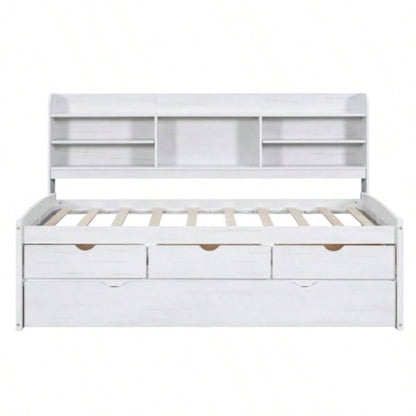 Twin Size Wooden Captain Bed with Built - in Bookshelves, Three Storage Drawers and Trundle, White Wash
