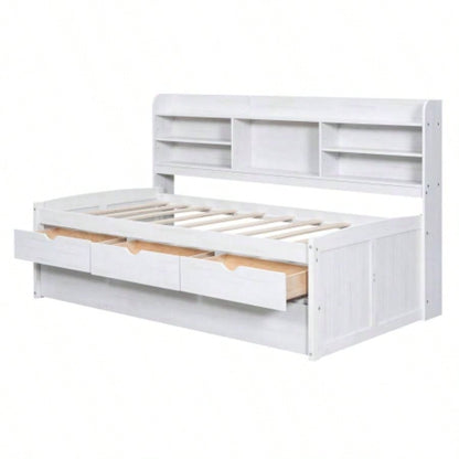 Twin Size Wooden Captain Bed with Built - in Bookshelves, Three Storage Drawers and Trundle, White Wash