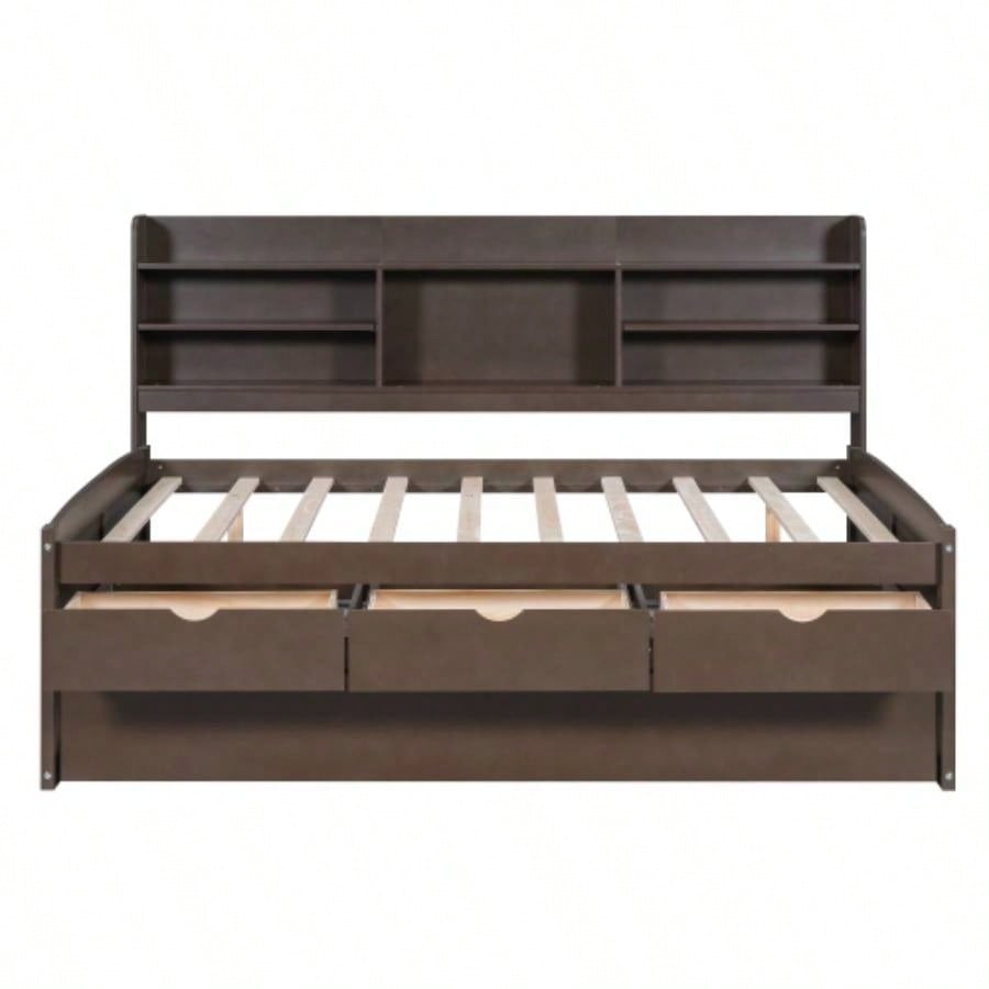 Full Size Wooden Captain Bed with Built - in Bookshelves, Three Storage Drawers and Trundle, Antique Brown