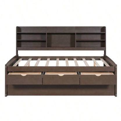 Full Size Wooden Captain Bed with Built - in Bookshelves, Three Storage Drawers and Trundle, Antique Brown