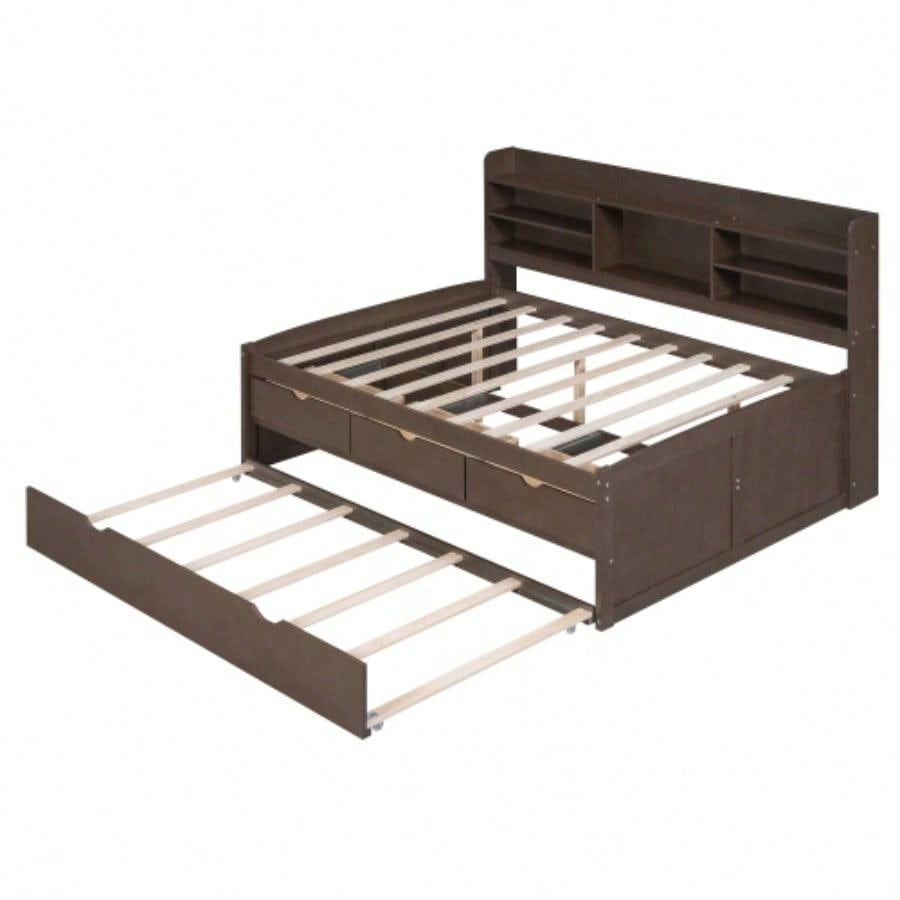 Full Size Wooden Captain Bed with Built - in Bookshelves, Three Storage Drawers and Trundle, Antique Brown