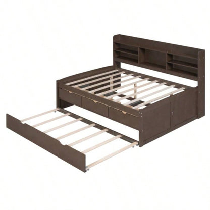 Full Size Wooden Captain Bed with Built - in Bookshelves, Three Storage Drawers and Trundle, Antique Brown