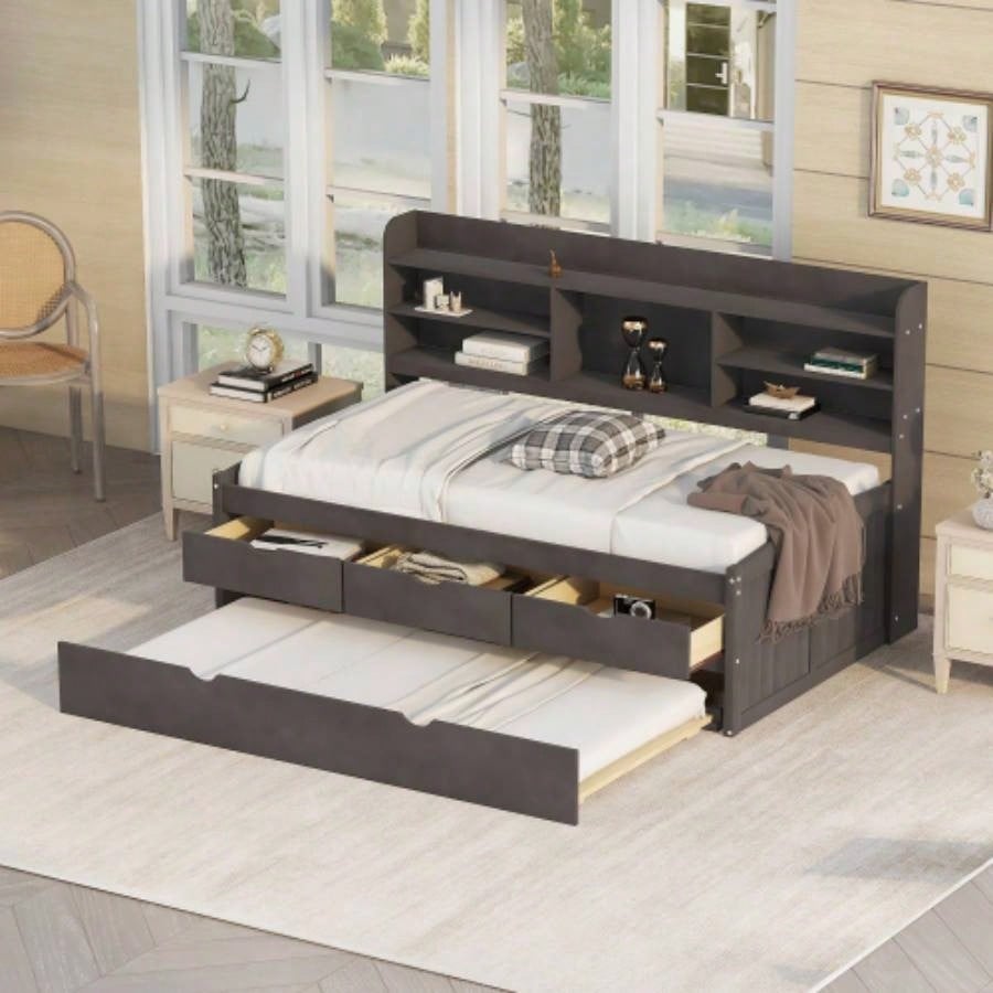 Full Size Wooden Captain Bed with Built - in Bookshelves, Three Storage Drawers and Trundle, Antique Brown