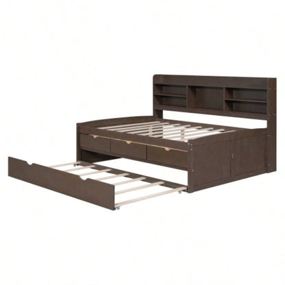 Full Size Wooden Captain Bed with Built - in Bookshelves, Three Storage Drawers and Trundle, Antique Brown
